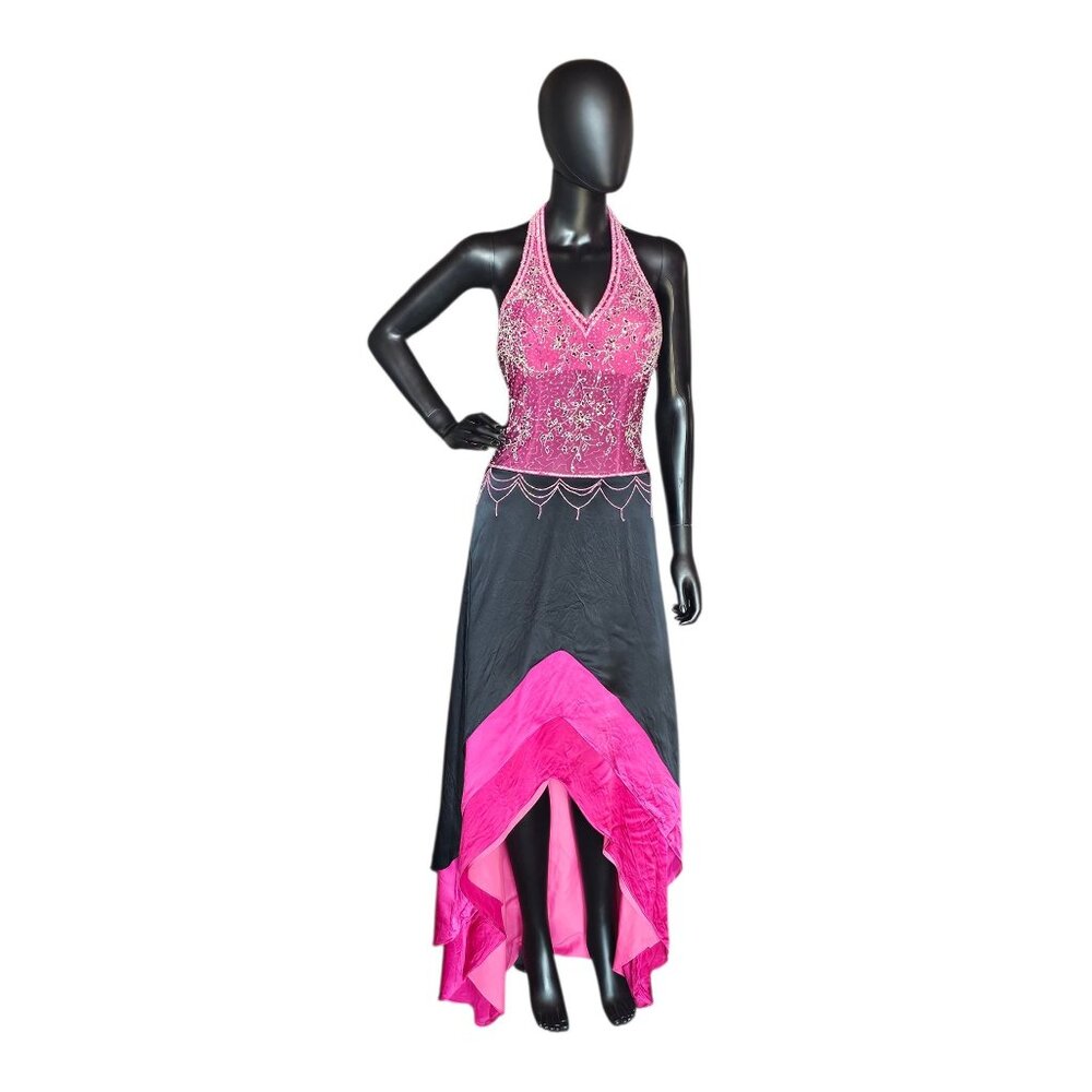 Vintage Y2K 100% Silk Pink/Black Halter High Low Hem Dress - Cassandra Stone
